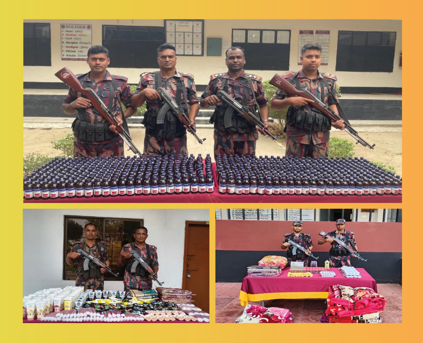 যশোর ব্যাটালিয়ন ৪৯ বিজিবির অভিযানে ভারতীয় ৫৪০ বোতল Eskuf Syrup, ১৫৯ টি শাড়ী সহ বিভিন্ন পন্য আটক।