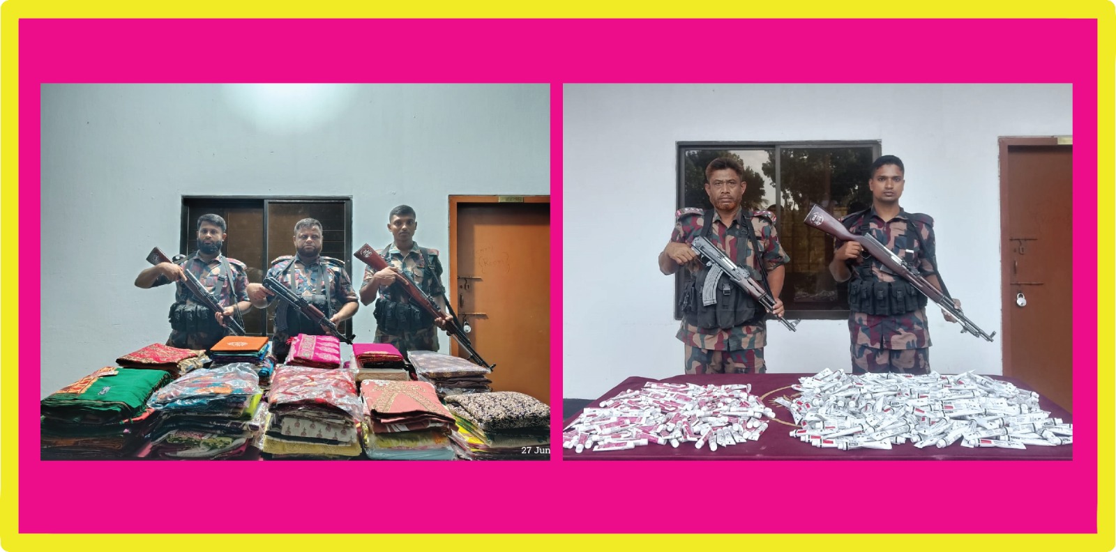 যশোর ব্যাটালিয়ন ৪৯ বিজিবির অভিযানে সীমান্ত থেকে ভারতীয় শাড়ী সহ বিভিন্ন পন্য আটক।