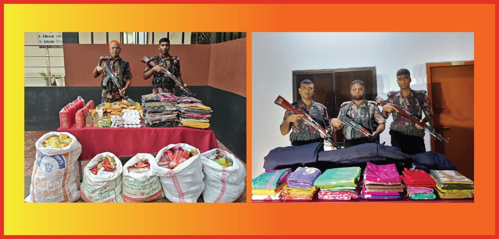 যশোর ব্যাটালিয়ন ৪৯ বিজিবির অভিযানে ভারতীয় শাড়ী সহ বিভিন্ন পন্য আটক।